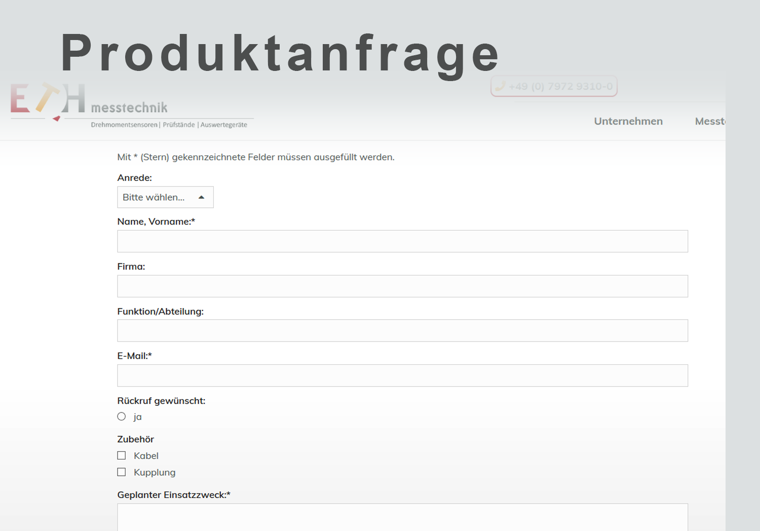 Produktanfrage - Kontaktformular